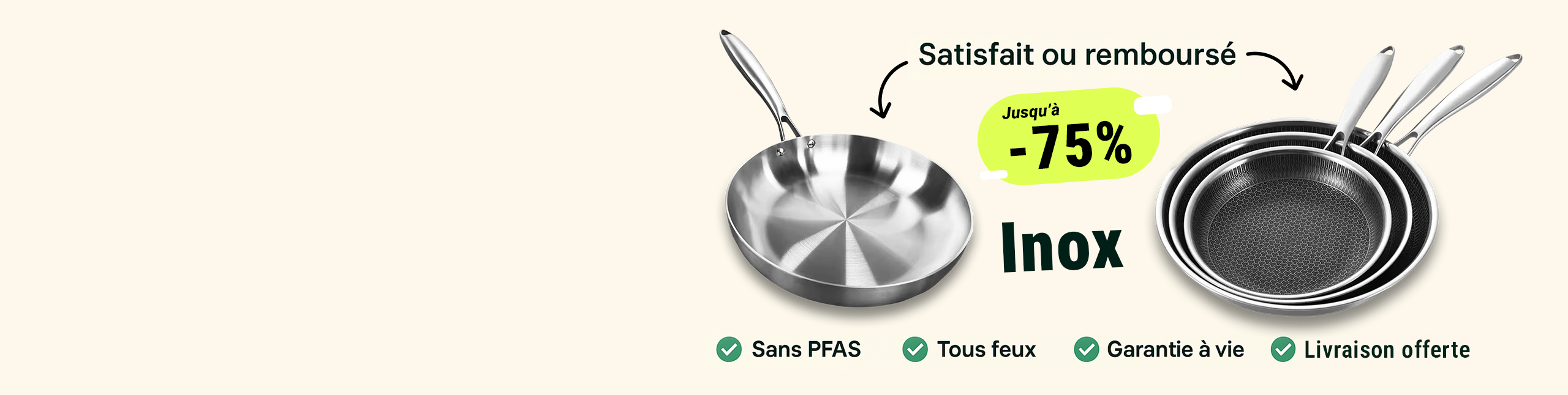Bannière promotionnelle Next Deals : jusqu’à -75% sur les poêles inox, sans PFAS, tous feux, garantie à vie et livraison offerte.